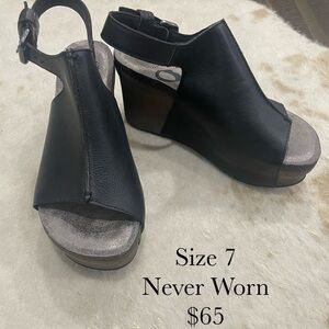 Women's Black Leather Wedge Sandals